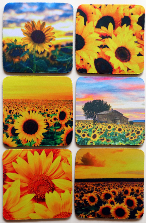 Set of 6 Neoprene Drink Coasters Sunflowers