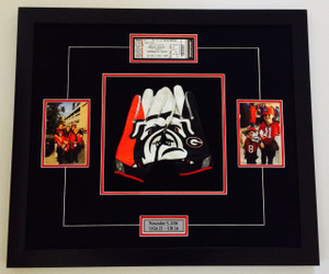 Framed Georgia Bulldogs gloves with ticket, pictures and nameplate. This was a custom, priced at $200.