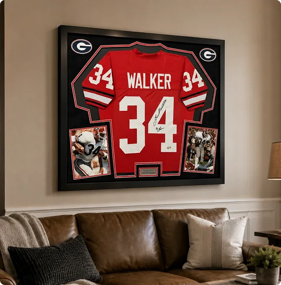 Framed Herschel Walker Georgia jersey hanging above a leather sofa