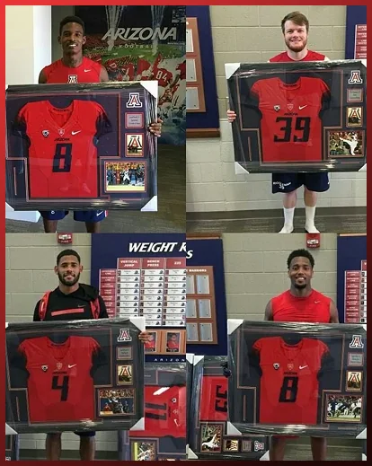 Four photographs of players with their framed Arizona jerseys
