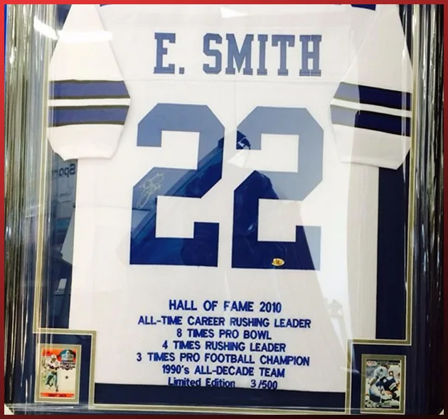 Framed Emmitt Smith Cowboys jersey with a Hall of Fame plaque