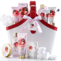 Lovery - Home Spa Kit Gift Set - Strawberry Milk Scented Bath Set - 25Pcs - in a Leather Tote Bag