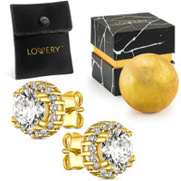 Lovery - 14K Gold Plated Halo CZ Stud Earring with Pouch, Bath Bomb & Gift Box