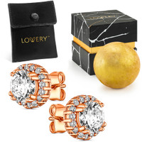 Lovery - 14K Rose Gold Plated Halo CZ Stud Earring with Pouch, Bath Bomb & Gift Box