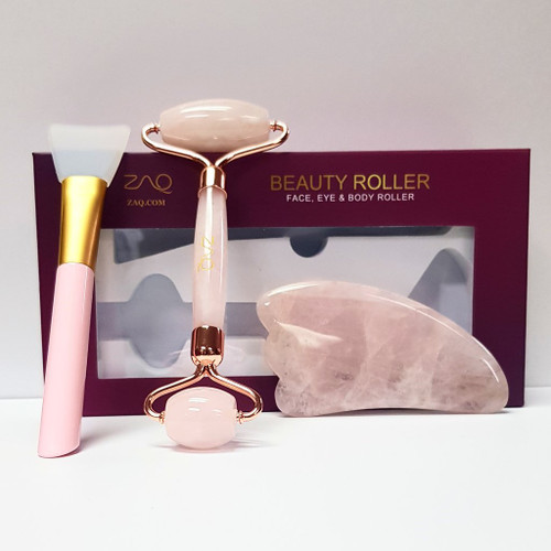 ZAQ - Rose Quartz Facial Roller, Gua Sha, Brush Set 2019