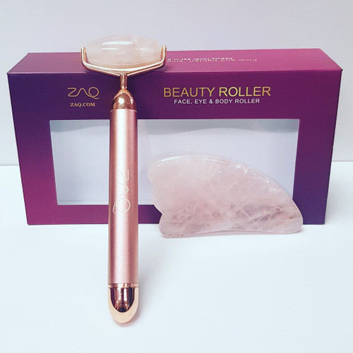 ZAQ - Roll-on Rose Quartz W-Sonic Vibrating Face Roller + Gua Sha Set