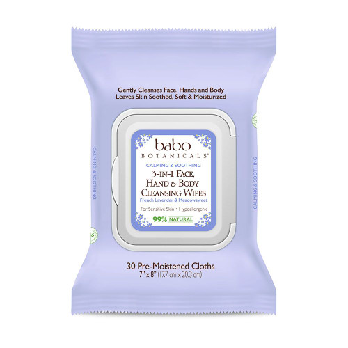 babo BOTANICALS - Calming & Soothing 3-in-1 Face, Hand & Body Cleansing Wipes Lavender & Meadowsweet (30 Wipes)