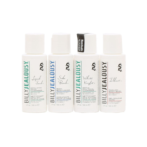 BILLY JEALOUSY - 4Pc 2 oz. Travel Sampler; Liquid Sand Facial Cleanser, Sake Bomb Body Moisturizer, White Knight Facial Cleanser, Illicit Body Wash