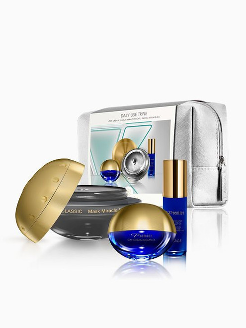 Premier Luxury Skin Care - Daily Use Triplekit - Classic Miracle Noir Mask, Classic Day Cream Complex, Classic Concentrated Facial Serum With Vitamins E & C