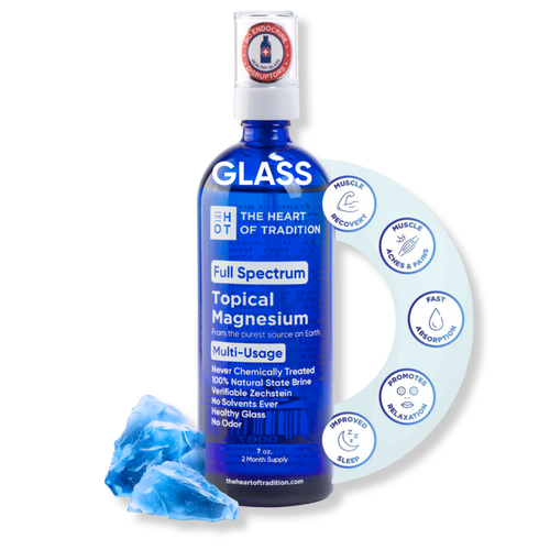 HEART OF TRADITION - Full Spectrum 100% Topical Magnesium in Blue Glass with Zechstein Inside Certification (Netherlands) 7oz