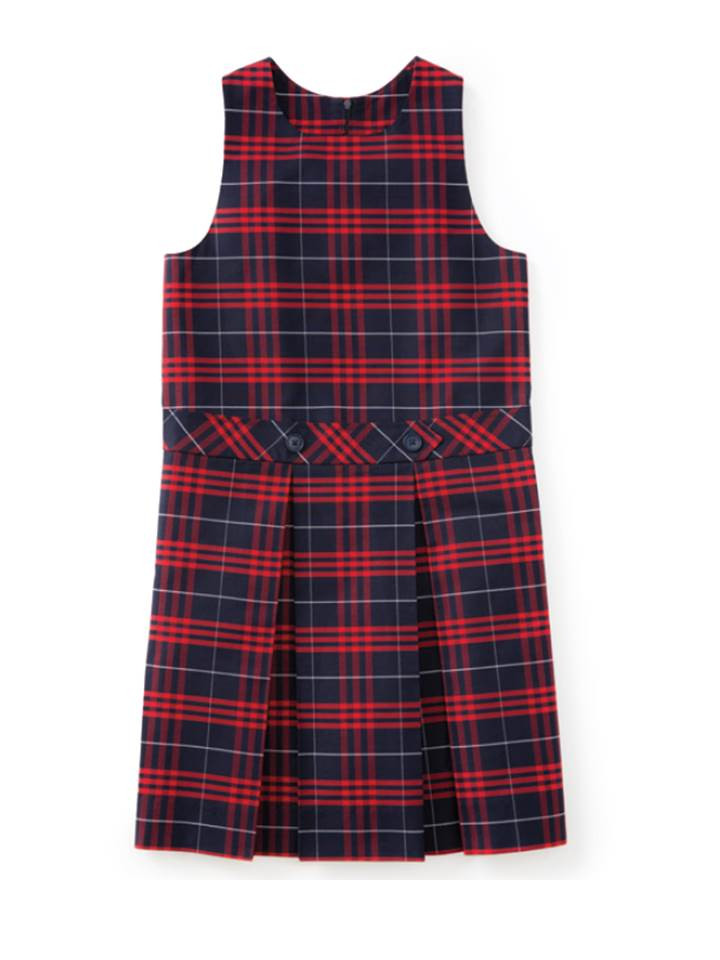 burgundy plaid uniform dress V-Neck Drop Waist Jumper  DENNIS Uniform Liquidation Sale