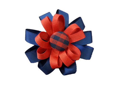 One Button Flower Bow Barrette Plaid 36