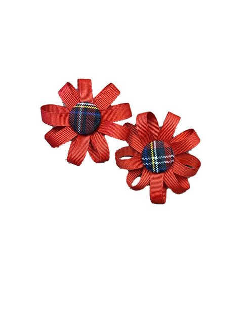 Plaid 56 - Pair of Pigtail Clippy Flower Button Bows