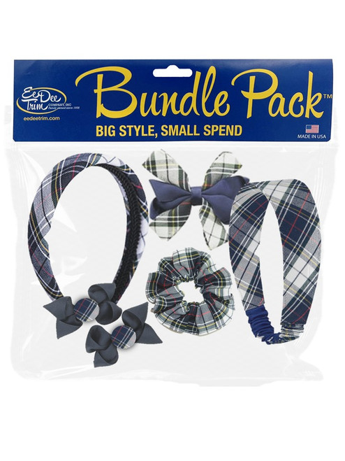 Plaid 8B - 5 Pack Hair Accessory Bundle - Scrunchie, Padded Headband, Piqtail Bows, Stretch Headband,  + Carnival Bow