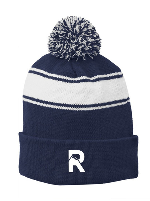 Beanie Navy Striped Pom Pom - Renaissance R Embroidery