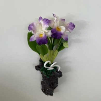 White and Purple Cattleya Orchid Clay Magnet (Wood)