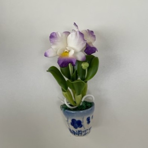 White and Purple Cattleya Orchid Clay Magnet (Pot)