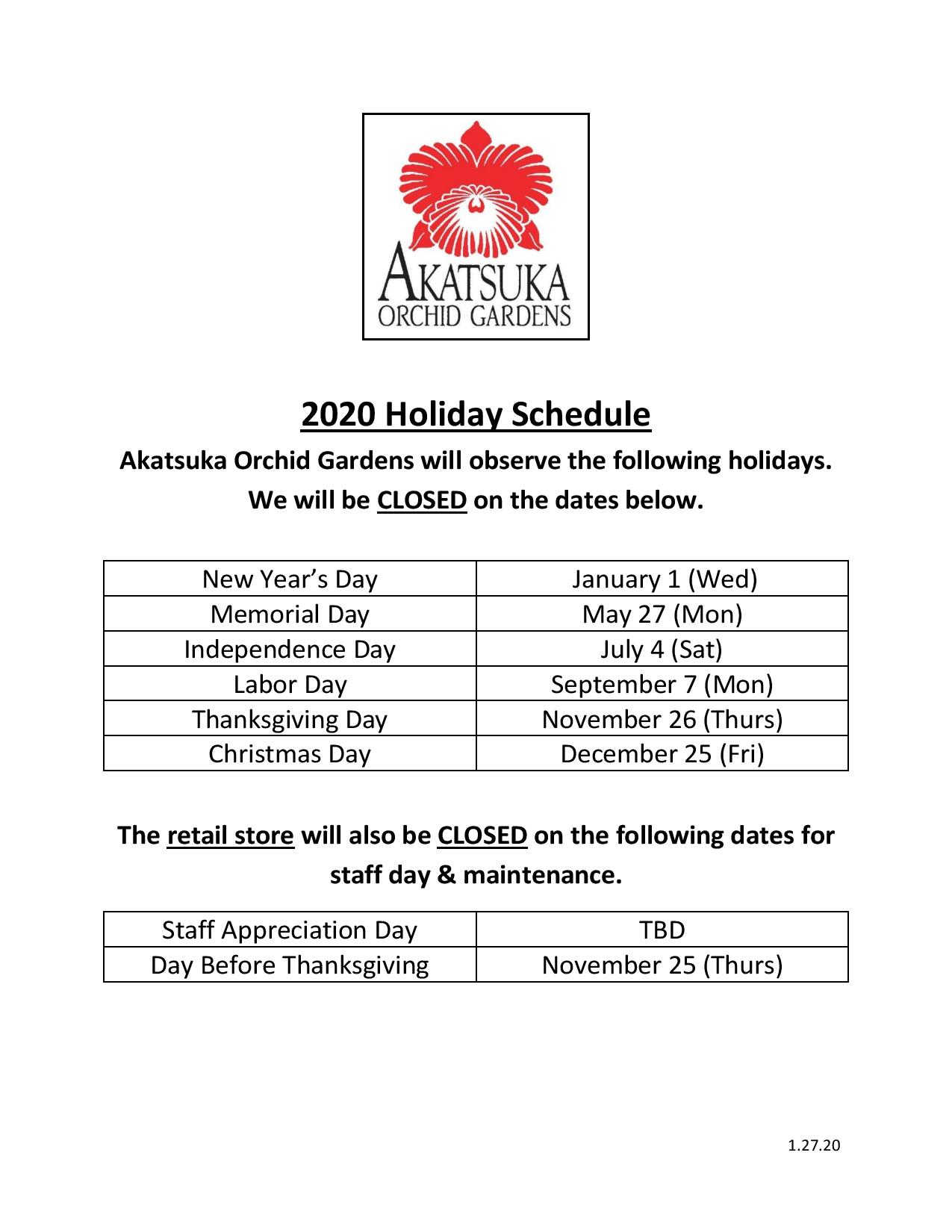 2020 Holiday Schedule
