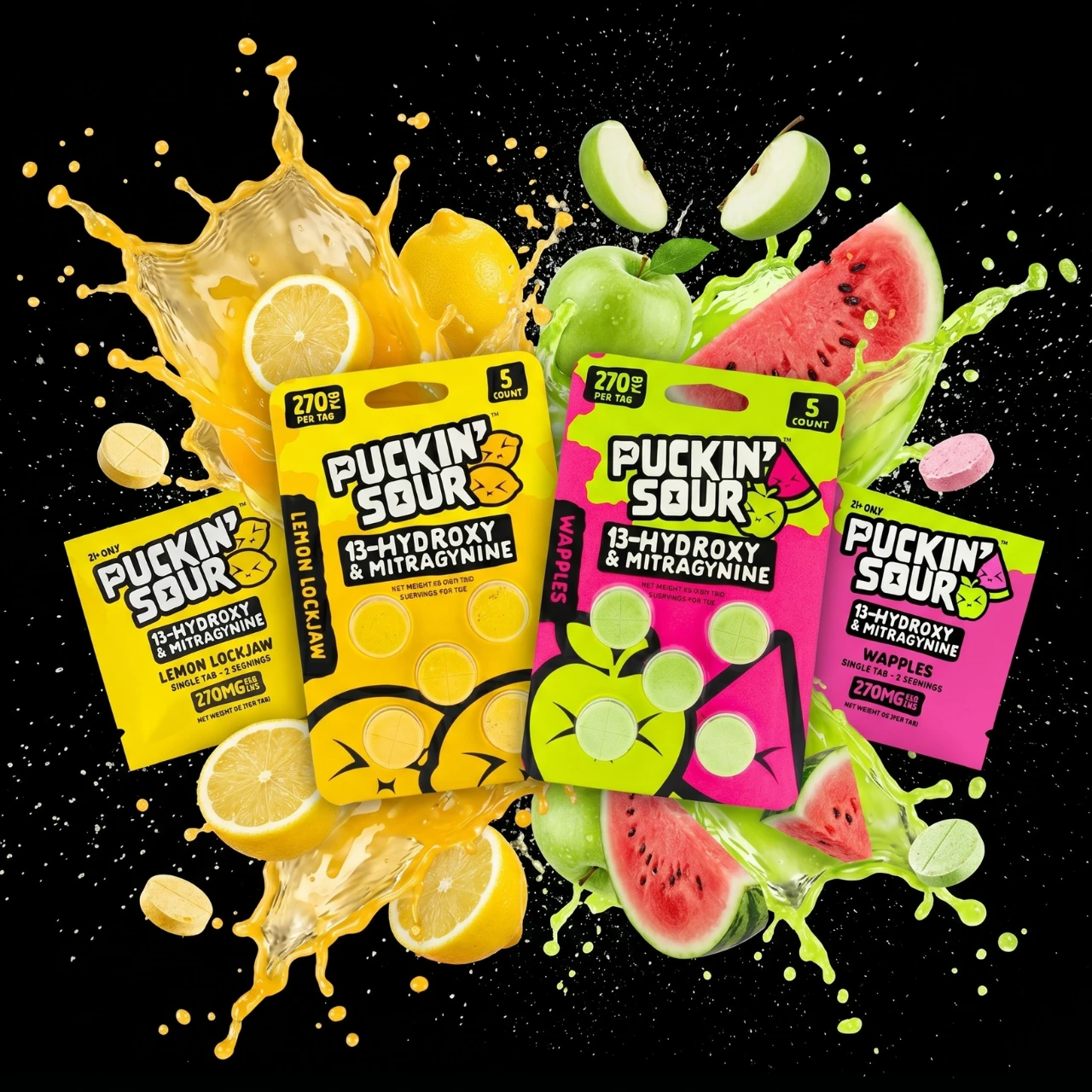 Puckin' Sour 13-Hydroxy + Mitragynine tablets in Lemon Lockjaw and Wapples