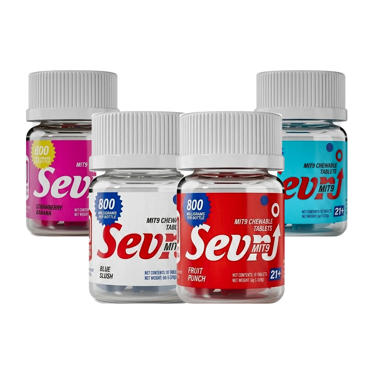SEVN MIT9 chewable tablets in Strawberry Banana, Blue Slush, Fruit Punch and Blue Razz