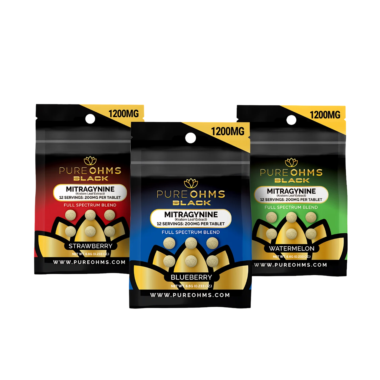 Pure Ohms Black 200mg mitragynine tablets in Strawberry, Blueberry and Watermelon