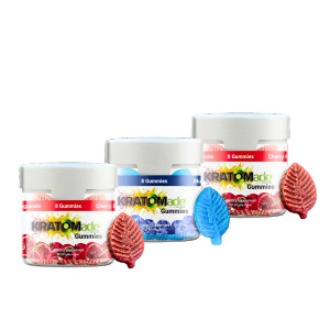 Kratomade kratom gummies in assorted flavors including Blueberry, Cherry Pomegranate, and Strawberry — 8ct jars of premium Mitragyna speciosa extract gummies, high-quality variety pack for sale.