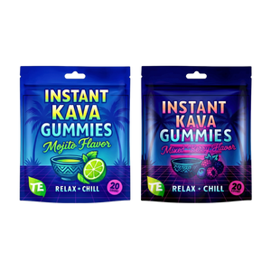 Top Extracts Instant Kava Gummies thumbnail featuring both Mojito and Mixed Berry flavor 20-count pouches side-by-side; premium kava gummies for relaxation and chill, buy online.