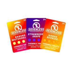Group shot of Exodus Sevenless M-OH chewable tablets in Mango Berries, Banana Watermelon, and Strawberry Grape flavors—600mg total Mitragyna speciosa alkaloid extract per pack, premium kratom alternative for sale.