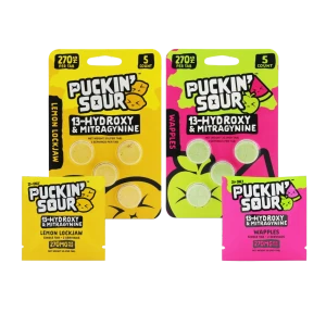 Full product collection of Puckin Sour 13-Hydroxy + Kratom extract tablets in Lemon Lockjaw and Wapples flavors, including all single and 5-count retail formats.