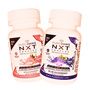 Pure Ohms NXT Complex chewable kratom tablets in Strawberry and Blue Raspberry, 6ct bottles, 300mg per tablet (1800mg total), No 7-OH, No MGM, No Pseudo