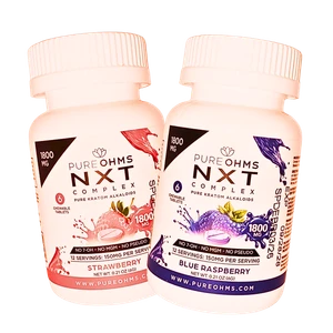 Pure Ohms NXT Complex chewable kratom tablets in Strawberry and Blue Raspberry, 6ct bottles, 300mg per tablet (1800mg total), No 7-OH, No MGM, No Pseudo