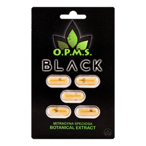OPMS Black Extract Capsules Front Mitragynine Speciosa (Kratom) Leaf Extract 50:1: 310mg per capsule
Mitragynine Content: 48% - 148mg per capsule
OPMS Black Kratom Extract Capsules – 5ct Pack with premium packaging, showcasing high-quality and authentic Kratom capsules for relaxation and pain relief.