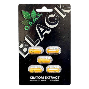 Alt: OPMS Black kratom extract capsules, 5 count blister card with amber capsules, 148mg mitragynine per capsule, cold water extracted