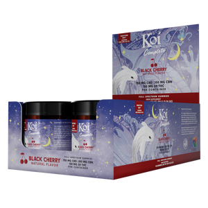 Black Cherry with Gummies Next to Jar
Koi Complete Nighttime Gummies in Black Cherry flavor displayed with gummies beside the jar. Part of the 6-jar case.