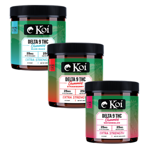 Koi Extra Strength Delta 9 THC Gummies close-up showcasing 25mg Delta 9 THC and 25mg CBD per gummy in assorted fruit flavors