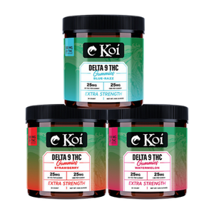 Koi Extra Strength Delta 9 THC Gummies close-up showcasing 25mg Delta 9 THC and 25mg CBD per gummy in assorted fruit flavors stacked