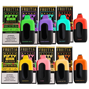 THUMBNAIL Image Official Fifty Bar x FRUITIA NEW Nicotine Disposable 50mg 5% Nic 20000 puff Rechargeable Vape Flavors Mesh Coil BUILT IN USA Now available kkl