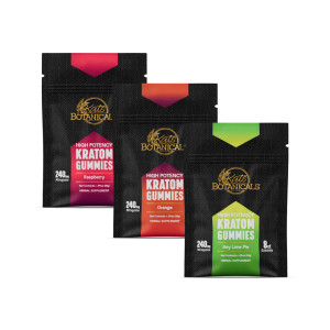 Kats Botanical high potency kratom gummies collection, assorted flavors Raspberry, Orange, Key Lime Pie, 8ct bags, 240mg mitragynine (Mitragyna speciosa) — buy online, premium, for sale