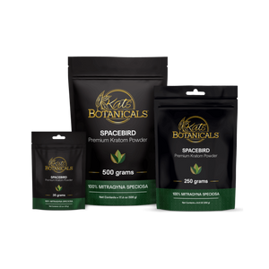 Kats Botanicals Spacebird kratom powder collection — 35 g, 250 g, and 500 g pouches (Mitragyna speciosa); premium pure raw leaf powder, buy online.