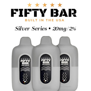 Fifty Bar Silver Series low-nicotine disposable vape lineup with 20mg salt nicotine, 18mL American-made e-liquid, and a real 20,000 puffs.