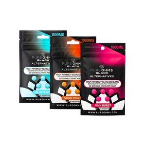 Pure Ohms Black Alternatives MGM-15 tabs product lineup photo (Blue Razz, Pink Burst, Sour Peach) — 20 servings, 200mg per tablet; premium high-quality collection, buy online