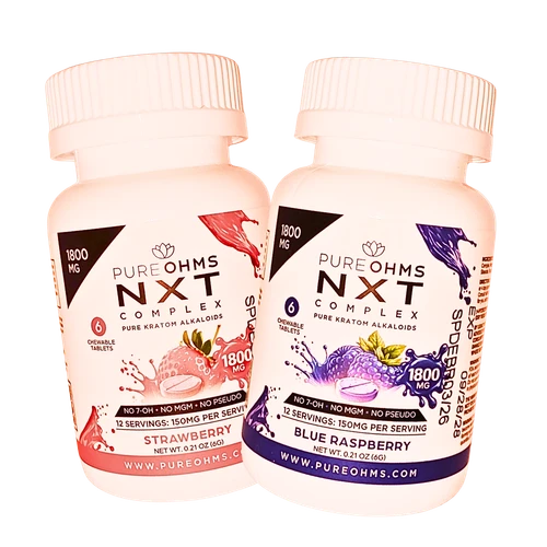 Pure Ohms NXT Complex chewable kratom tablets in Strawberry and Blue Raspberry, 6ct jars, 300mg per tablet