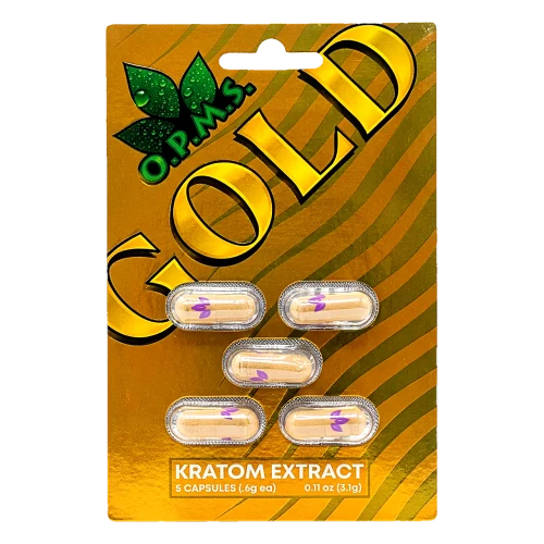 OPMS Gold kratom extract capsules in a gold foil 5 count blister card, 84mg mitragynine per capsule, cold water extracted