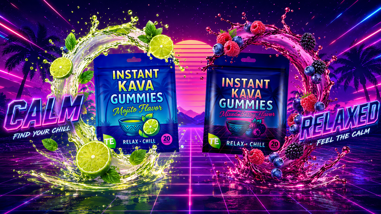 Top Extracts Instant Kava Gummies in Mojito and Mixed Berry flavors with text reading Mellow, Sociable, and Grounded. A natural herbal mood enhancer and social lubricant alternative to THC and alcohol.