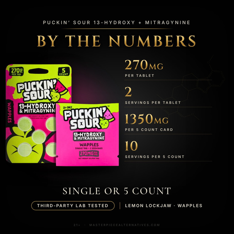 Puckin' Sour Wapples 13-hydroxy and mitragynine single tablet pouch, 270mg per tab, 2 servings