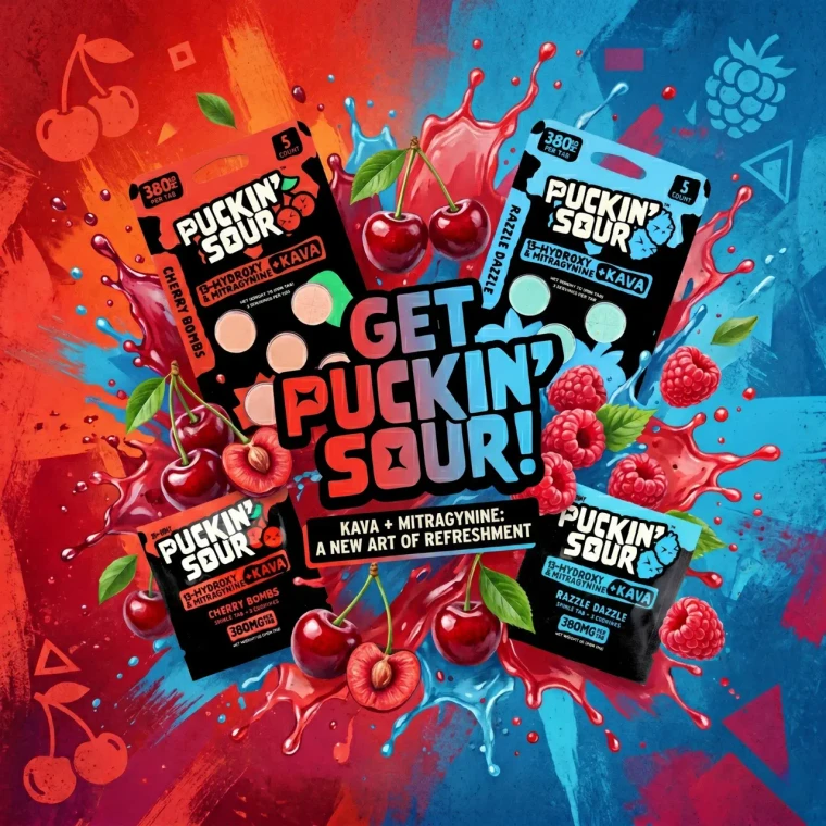 Puckin' Sour 13-OH + kratom (Mitragyna speciosa) + kava tablets collection, 5ct 380mg packs—premium sour Tablet lineup featuring Cherry Bombs (red) and Razzle Dazzle (blue), best to buy online for sale.