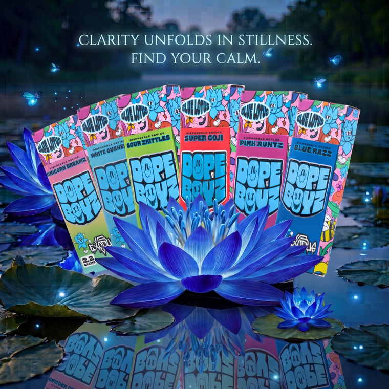 Dope by Exodus Blue Lotus disposable vape lineup (assorted collection) with Unicorn Dreamz, White Gushers, Sour Zkittles, Super Goji, Pink Runtz, and Blue Razz, 2000mg Blue Lotus extract — premium, high-quality, buy online.