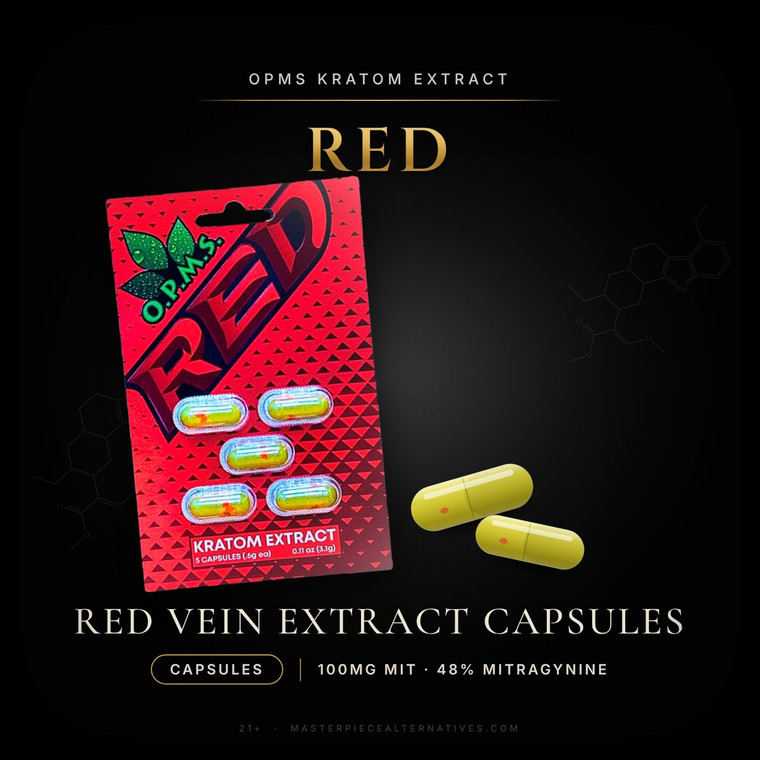 OPMS Red kratom extract capsules, 5ct blister card with loose capsules, 100mg mitragynine per capsule at 48%, cold water extracted