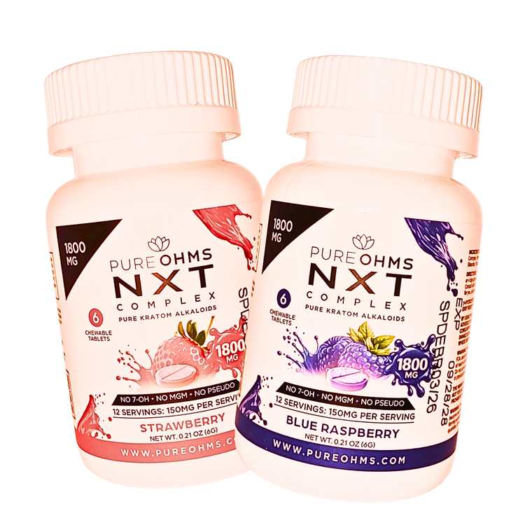 Pure Ohms NXT Complex chewable kratom tablets in Strawberry and Blue Raspberry, 6ct bottles, 300mg per tablet (1800mg total), No 7-OH, No MGM, No Pseudo