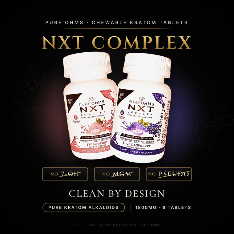 Pure Ohms NXT Complex kratom alkaloid chewable tablets in Strawberry and Blue Raspberry flavors, 1800mg bottles with no 7-OH, no MGM and no pseudo